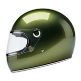 Side profile of Gringo S Helmet in metallic dart green with face visor down