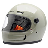 Angled profile of helmet with face shield down