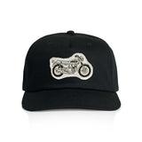 Black cap with a white motorcycle emblem on a white background