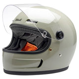 Angled profile of helmet with face shield up