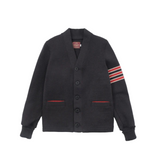 Women's Varsity Cardigan in charcoal and forster red stripe