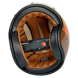 Bottom view of Bonanza helmet showing brown inner lining and cushioning and chin strap