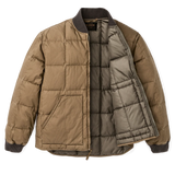Front of cotton down jacket unzipped showing the insulated interior of the jacket
