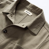The Ojai Jacket in Organic Smoked Olive Foundation Twill close up of collar