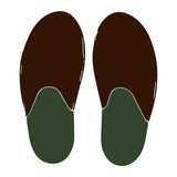 Mock up of house shoes in dark brown with olive soles
