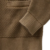 Close up of sweater's sleeve opening, pocket, and bottom hem