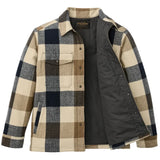 Front of wool jacket in cream and navy plaid that is fully unsnapped with the right side pulled back to show dark navy inner lining. On the left side of the garment a chest pocket with a snap flap and a hand warmer pocket are visible.