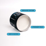 Open container of dry wax with text listing selling points: emphasizes texture, strongest hold, grip and control.