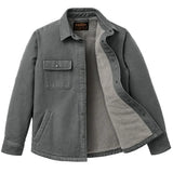 Front of gray jacket fully unsnapped with the right side pulled back to show light gray fleece lining.