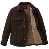Front of dark brown jacket fully unsnapped with the right side partially pulled back to show light brown fleece lining.