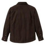 Back of a dark brown jacket with shoulder pleats.