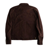 Back of dark brown corduroy jacket with adjustable waist tabs with snaps and Western-style yoking