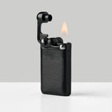 Swingtop Lighter in black, open and lit
