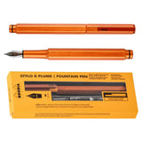 An orange fountain pen shown from top and side views above its matching orange retail box on a white background. The box reads 'RHODIA' and 'STYLO à PLUME | FOUNTAIN PEN'.