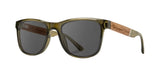 Angled view of front and profile of Trail sunglasses in moss acetate and walnut inlay