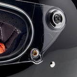 Close up of where face shield attaches to helmet