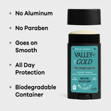 Selling points: no aluminum, no parabens, goes on smooth, all day protection, biodegradable container