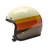 Side profile of Bonanza Helmet with horizontal stripes of ivory, mustard yellow, orange, and brown