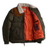 Dark green winter coat with a white sherpa collar. The coat is opened to reveal  safety orange colored inner lining. Displayed on a flat white background