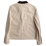 Backside view on a white denim jacket with a black collar on a white background