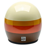 Back view of Bonanza helmet with horizontal stripes of ivory, mustard, orange, and brown with DOT certification badge