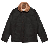 Black canvas coat with a brown fur collar on a flat white background