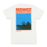 White t-shirt with 'Midwest Exploration Society' graphic on a white background