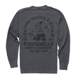Gray long-sleeve shirt with a graphic and text on the back, displayed on a white background.
