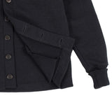 Bottom right portion of black sweater, partially unbuttoned with the right bottom side of the cardigan pulled back to show lack of lining
