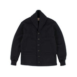 Front of a black shawl collar sweater with large dark buttons going down the center. 