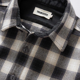 Close up of upper portion of garment to show collar and buttons