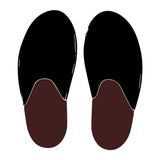 Mock up of house shoes in black with dark brown soles