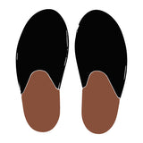 Mock up of house shoes in black with brown soles