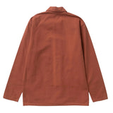 Back of a deep orange canvas jacket