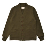 Front of a wool v-neck cardigan in a dark olive green color with a row of large brown buttons going down the center