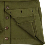 Bottom portion of olive green cardigan with brown buttons, partially unbuttoned with the right side pulled back to show lack of inner lining