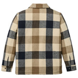 Back of wool jacket in cream and navy plaid pattern