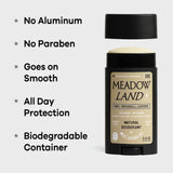 Selling points: no aluminum, no parabens, goes on smooth, all day protection, biodegradable container