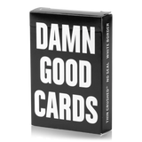 Black card box with 'Damn Good Cards' text on a white background