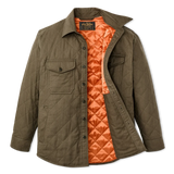Front of olive green jacket fully unbuttoned with the right side pulled back to show bright orange inner lining. A chest pocket and hand warmer pocket are visible on the left side. 
