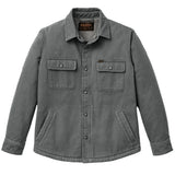 Front of gray jacket with two chest pockets with silver colored snaps, silver colored snaps going down the center of the jacket, and two hand warmer pockets. There is a very small dark navy fabric patch sewn over the right chest pocket with dark yellow lettering with the text [Filson]