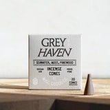 Grey Haven incense cone next to packaging