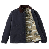 Front of navy jacket with dark brown corduroy collar and dark buttons going down center, fully unbuttoned with the right side pulled back to show tan lining illustrated with ducks