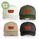 Trucker patch caps in ecru, Cypress, black, and tan
