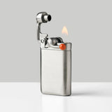 Swingtop Lighter in stainless steel, open and lit