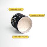 Open jar of matte paste with list of selling points: malleable hold, emphasizes texture, and weightless volume.
