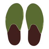 Mock up of house shoes in olive with dark brown soles