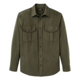 Front of olive green button up shirt with two chest pockets