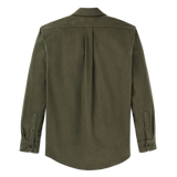 Back of olive green button up shirt with center pleats in back