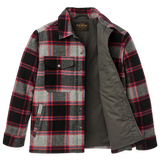 Front of black, gray, and red plaid wool jacket, fully unsnapped with the right side pulled back to show gray inner lining. On the left side of the jacket and snap-secured chest pocket and a hand warmer pocket are visible. 